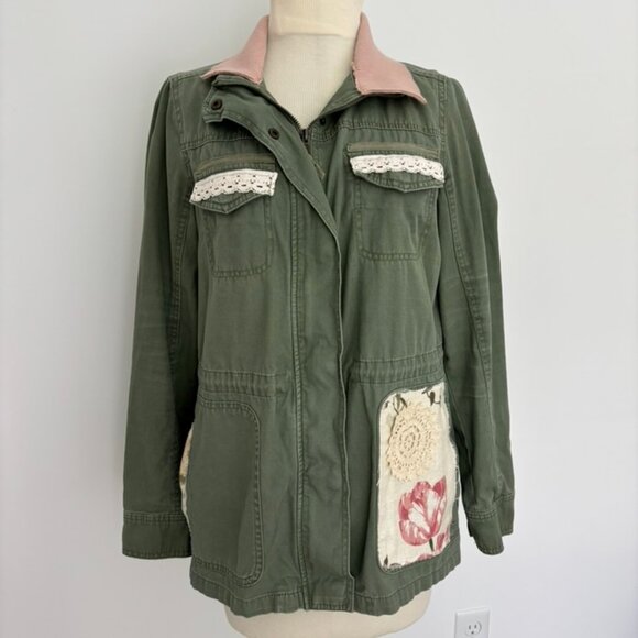 Reimagined upcycled olive embellished utility anorak - Picture 1 of 9